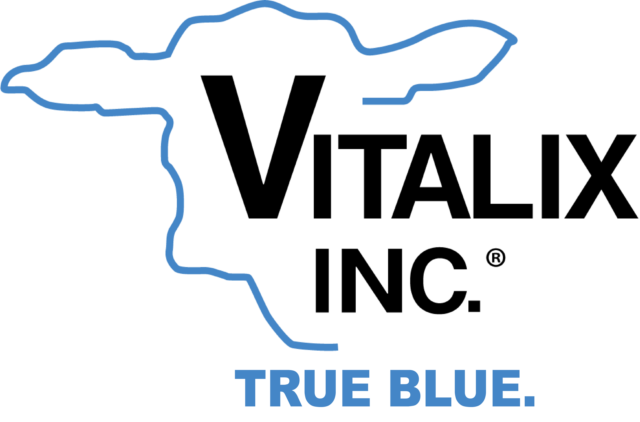 Black and blue vitalix logo with true blue